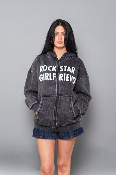 Sokak Butik Rockstar Girlfriend Fermuarlı Zip Kapüşonlu Unisex Yıkamalı Siyah...
