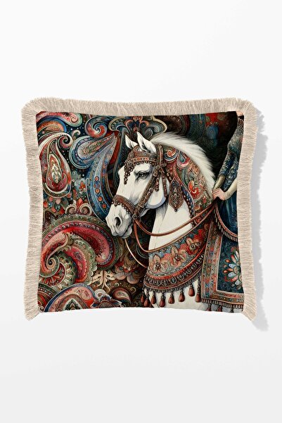 Pilloveland Saçaklı Kırlent Kılıfı Çift Taraflı 43*43 Cm - Horse