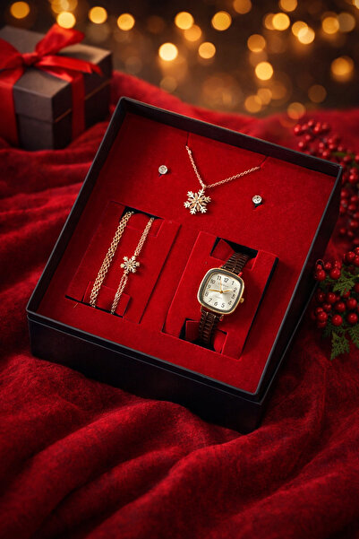 wesscollection Kadın Kol Saati Kolye Bileklik Ve Küpe Seti - KAHVE GOLD