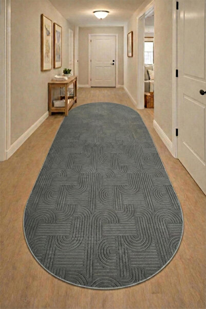 Raschel Carpet Bohem Oval Koyu Gri Emboss Premium Seri Yeni Nesil Kaymaz Taba...