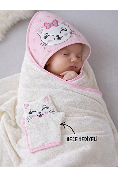Tomuycuk Kedi Nakışlı & Başlıklı Bebek Banyo Havlusu - Yumuşak & Su Emici Beb...