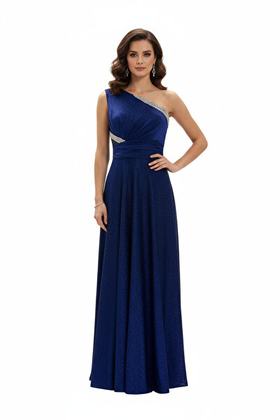 Arin yakası taş şeritli kolsuz uzun elbise 41052