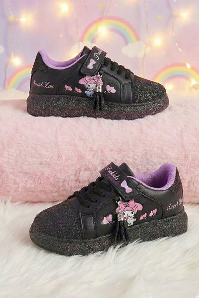 Nstil Pantofi sport negri pentru fete, cu detaliu cu ciucuri, vârf oval cu sclipici, șireturi din cauciuc, cu velcro, 3740