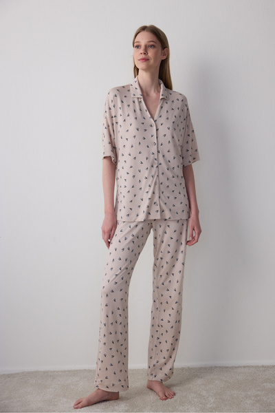 Penti Aging Collagen Floral Gömlekli Pantolon Bej Pijama Takımı