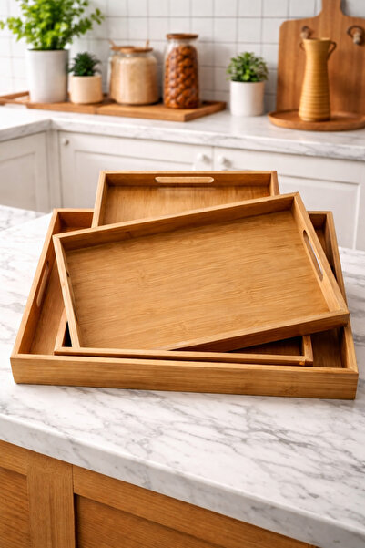 MAKRİ HOME 3'lü Dikdörtgen Bambu Tepsi Seti, Büyük: 29 x 41 cm, Orta: 26 x 37...