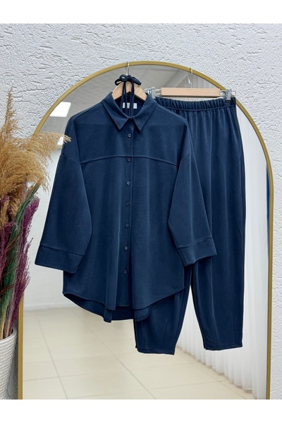 MİHRA STORE Costum Orelella cu pantaloni cu clemă la picioare-AS479 Bleumarin