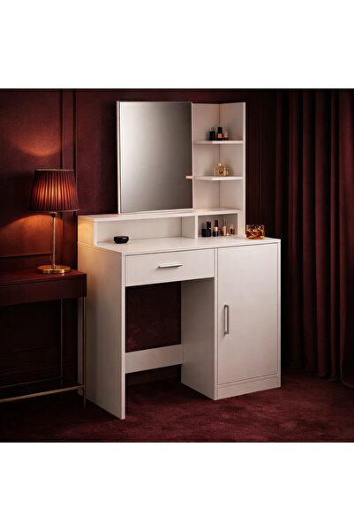 SERSIMO Masa de toaleta cu oglinda, sertar, dulap si rafturi, 90x38x138 cm, alb