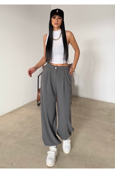 BEJNA Women's Gray Pleated Oversized Woven Baggy Trousers