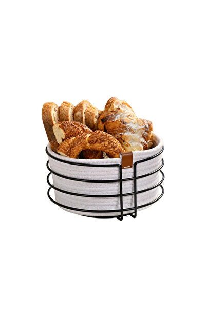 Edora Home سلة خبز دائرية أنيقة - أسود غير لامع، قش أبيض، مكرامية، معدن مقاوم...