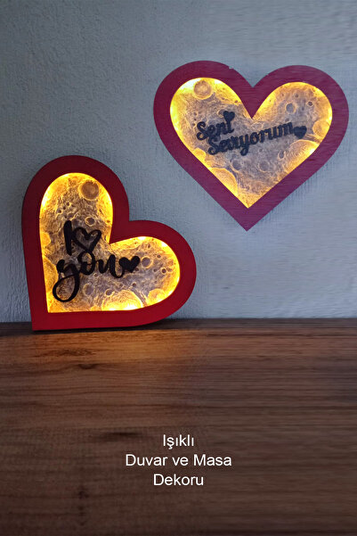 Woodnity I love You Yazılı Işıklı Kablosuz Kalp Duvar Dekoru | El Yapımı Ay T...