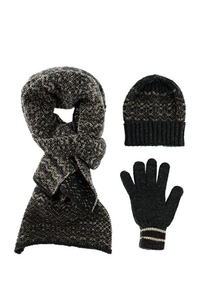Abdullah Kiğılı Woolen Patterned Scarf & Beanie & Gloves Set