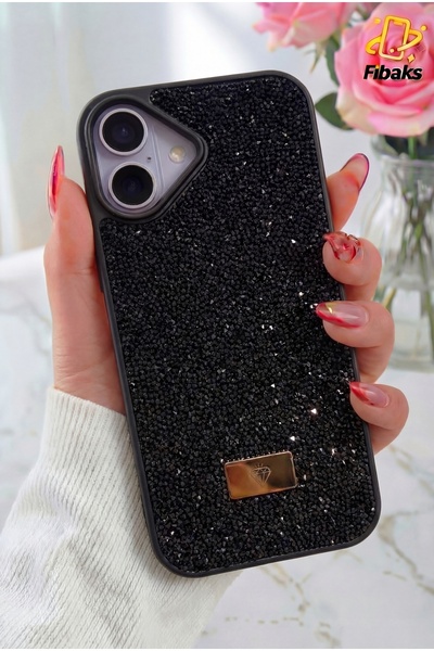 Fibaks غطاء سيليكون لآيفون 17 بتصميم مخملي مرصع بالألماس الأسود اللامع