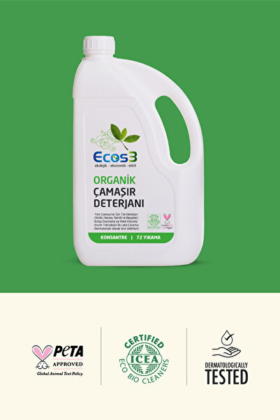 Ecos3 Organik Çamaşır Deterjanı, Vegan Sertifikalı, Ekolojik, Extra Konsantre, 72 Yıkama, 2.5 Lt