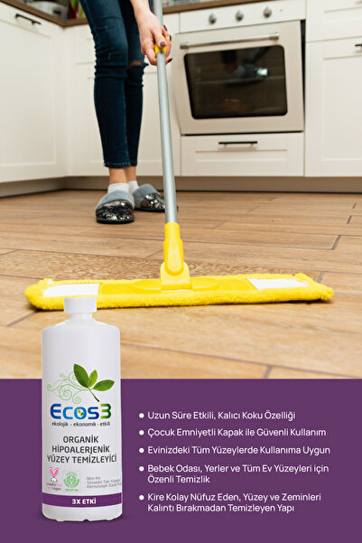 Ecos3 Organik Yüzey Temizleyici, Hipoalerjenik, Vegan Sertifikalı, Ekolojik, Evcil Hayvan Dostu, 1000 ml