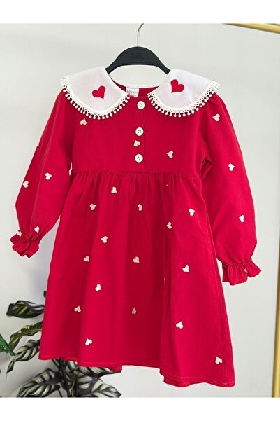 sobekidstore Girl's Dress with Heart Embroidery Detail Cotton Poplin