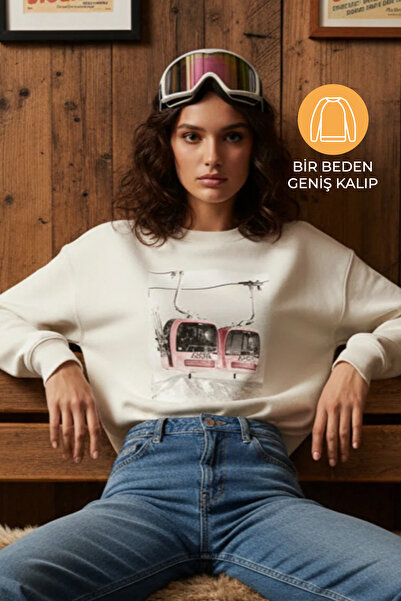 Amia&Co. Alb guler rotund cu căptușeală din fleece cu imprimeu supradimension...