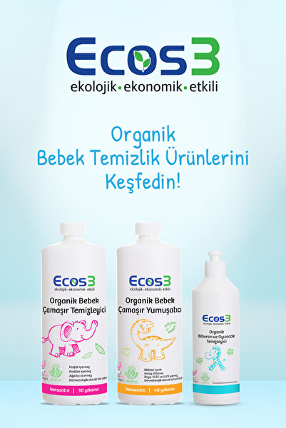 Ecos3 Organik Bebek Çamaşır Yumuşatıcı, Vegan Sertifikalı, Ekolojik, Extra Konsantre, 40 Yıkama, 1000 ml