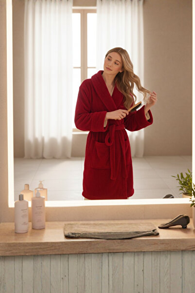 Miespiga Rochie pentru femei Welsoft cu guler șal, fleece roșu Claret