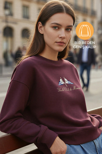 Amia&Co. Bordo Bisiklet Yaka Şardonlu Baskılı Oversize Sweatshirt