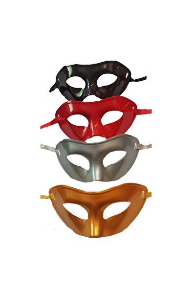 partidolu Altın Gümüş Kırmızı Siyah Renk Plastik Balo Maskesi Düz Renk 4 Adet