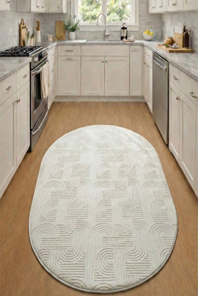 Raschel Carpet Yıkanabilir Oval Elips Leke Tutmaz Emboss Bohem Krem Mutfak Ha...