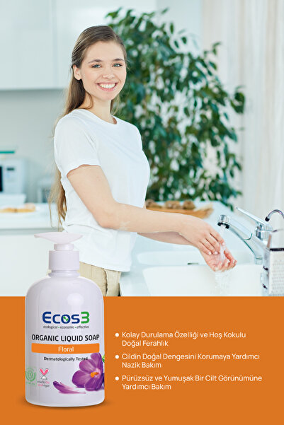 Ecos3 Organik Sıvı Sabun, Vegan Sertifikalı, Hassas Cilt, Ekolojik, Hipoalerjenik, Floral, 500 ml