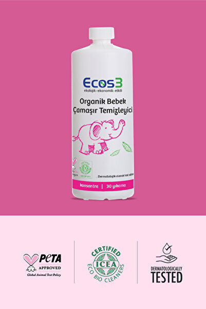 Ecos3 Organik Bebek Çamaşır Deterjanı, Vegan Sertifikalı, Ekolojik, Kokusuz, Konsantre 30 Yıkama, 1050ml