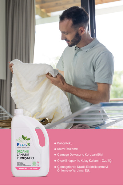 Ecos3 Organik Çamaşır Yumuşatıcı, Vegan Sertifikalı, Bitkisel, Extra Konsantre, 100 Yıkama, 2.5 Lt