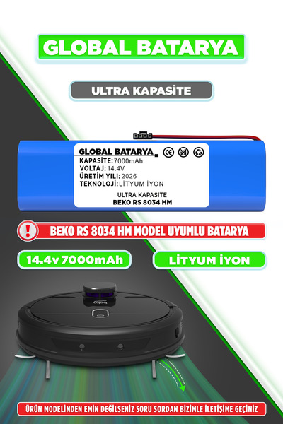GLOBAL BATARYA Beko Rs 8034 Hm Uyumlu Akıllı Robot Süpürge Bataryası 14.4v 70...