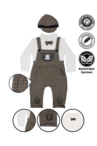 bebegen Bow Tie Teddy Bear Patterned Brown Hat Salopet Jumpsuit