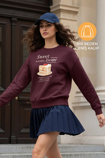 Amia&Co. Roșu Claret guler rotund cu imprimeu cu căptușeală din fleece suprad...