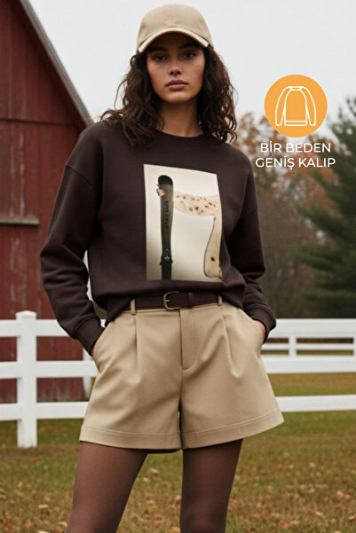 Amia&Co. Cafea amară guler rotund cu imprimeu supradimensionat cu căptușeală ...