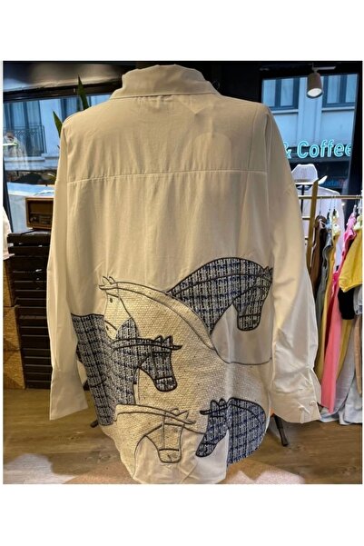 By-esq قميص نسائي مطرز بأكمام طويلة وجيوب مزين بالأحجار