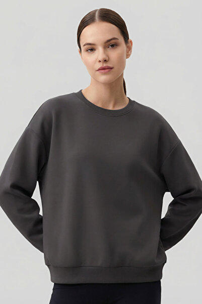 TOMMY LIFE Dark Gray Basic O Neck Oversized Women's Sweatshirt - 97053
