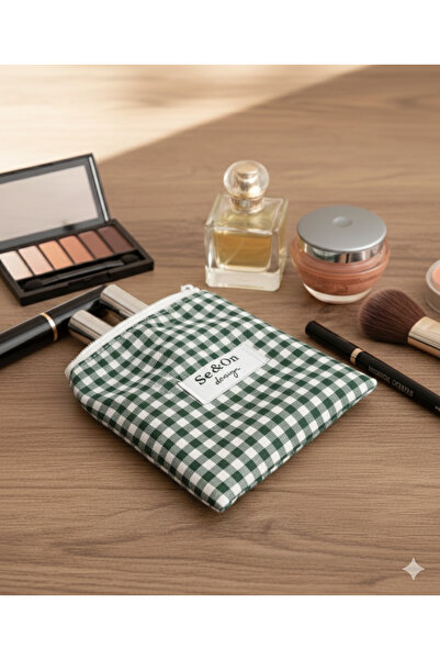 Se&On dizayn Koyu yeşil kare desenli beyaz fermuarlı astarlı küçük cüzdan min...