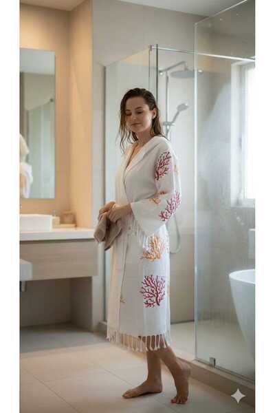 Nevin Acar Halat de baie din bambus cu glugă cu imprimeu portocaliu coral