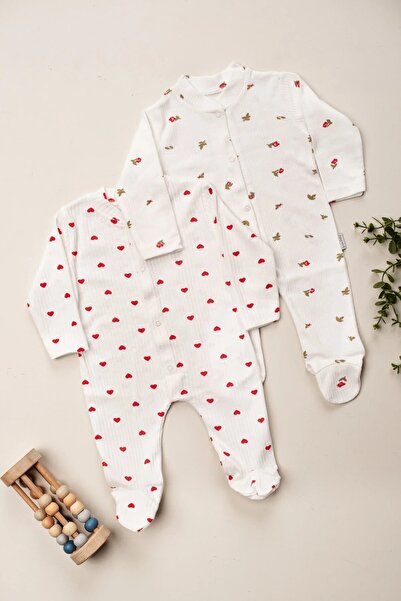 DEFNE LİNA BABY طقم رومبير عضوي للفتيات الصغيرات مكون من قطعتين مطبوع عليه زه...