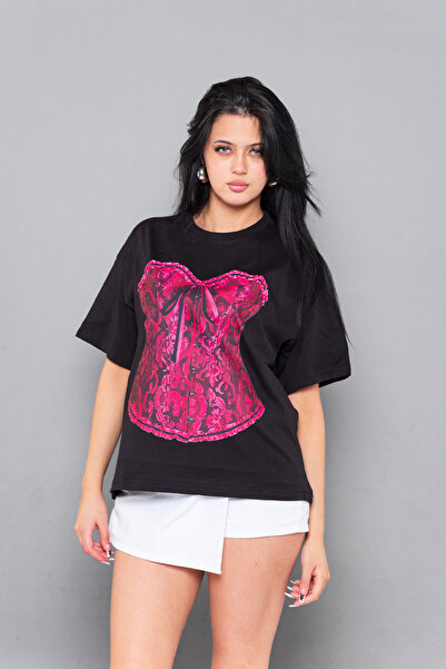 Bak Moda Sassy Corset cu imprimeu croi relaxat Negru Femei tricou