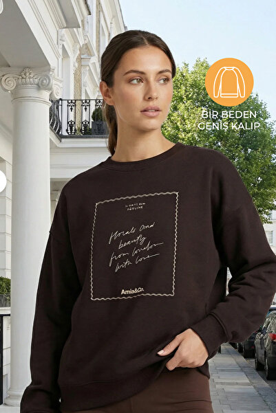 Amia&Co. Cafea amară guler rotund cu imprimeu cu căptușeală din fleece suprad...