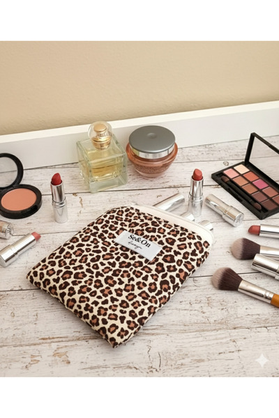 Se&On dizayn Leopar desen beyaz fermuarlı astarlı kucuk cüzdan mini makyaj ca...