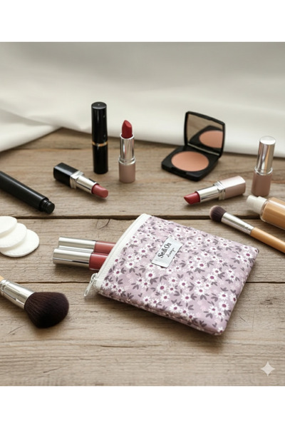 Se&On dizayn Mor papatya desen beyaz fermuarlı astarlı kucuk cüzdan mini maky...