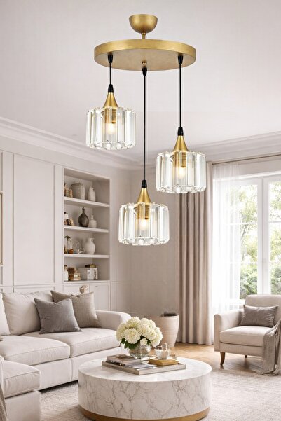 ESSLİGHT AZRA 3 LÜ ESKİTME SARKIT KRİSTAL TAŞLI SALON MUTFAK YATAK ODASI AVİZE