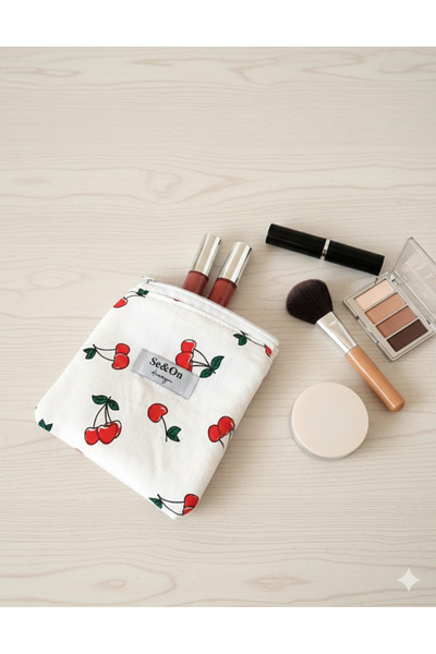 Se&On dizayn Kiraz desenli beyaz fermuarlı astarli kucuk cüzdan mini makyaj ç...