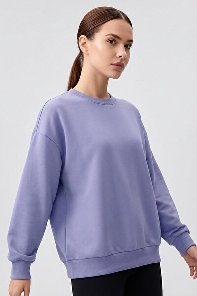 TOMMY LIFE Light Purple Basic O Neck Oversized Women's Sweatshirt - 97053