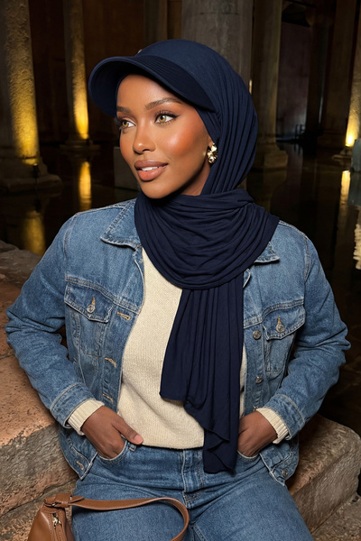 Aisha's Design Şal din bumbac pieptănat cu vizor, SS-1, bleumarin