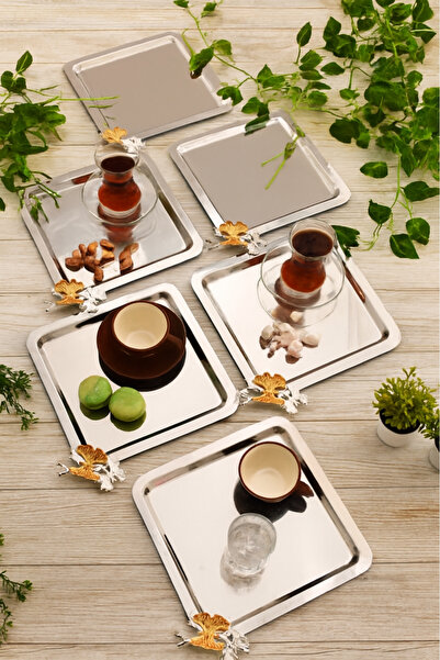 JASPER 6 Lı Paslanmaz Çelik Kare Model 6 Lı Kahve Tepsisi Kelebek Aksesuarlı ...