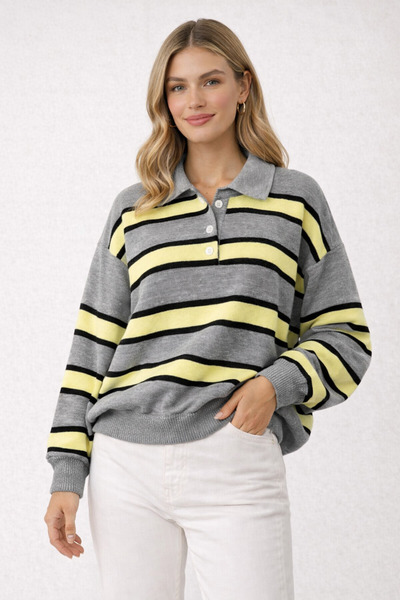 markazzi Women's Striped Polo Neck Knit Sweatshirt