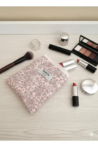 Se&On dizayn Pembe çiçek desenli beyaz fermuarlı astarli kucuk cüzdan mini ma...