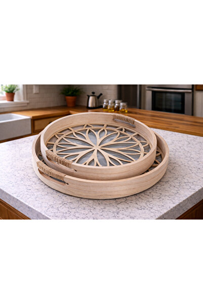 Generic Elegant two-piece wooden serving tray set with a glass base. Dimensio...