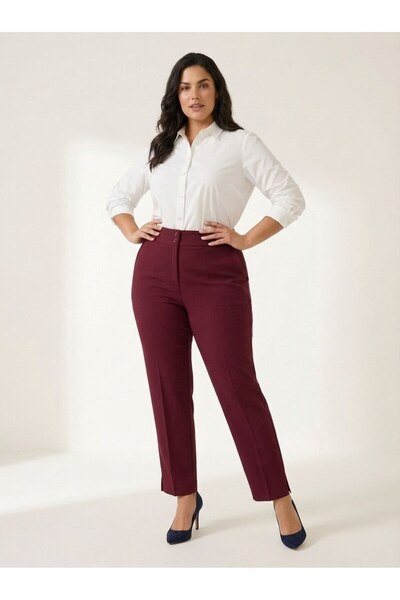 Hanezza Plus Size Burgundy High Waist Lycra Ankle Length Fabric Trousers with...